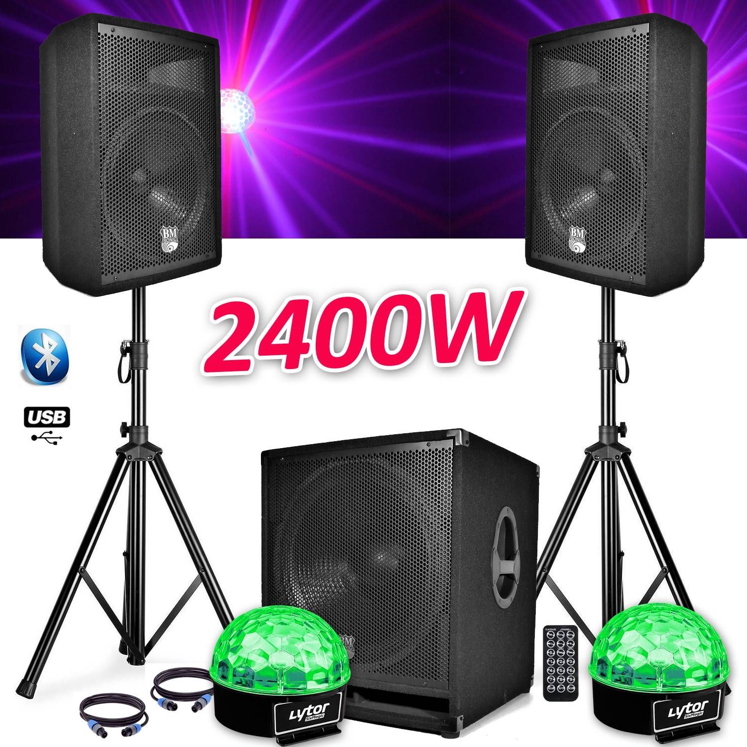 Sistema de sonido completo Bm Sonic BMS1812 - Subwoofer activo de 2400W de 18', 2 altavoces de 12', estantes, cables, control remoto y luces SIXMAGIC