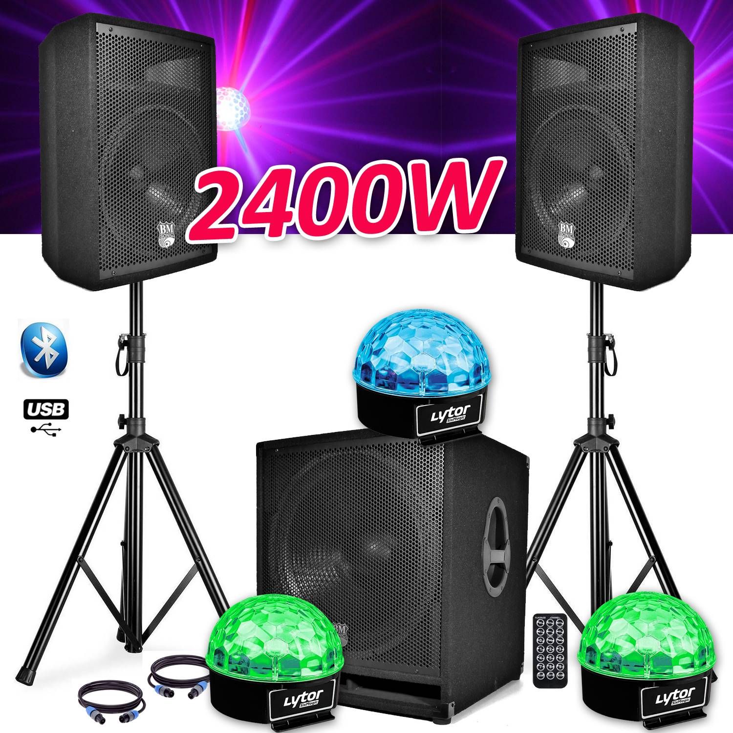 Paquete de Sonido Completo BMS1812 USB/Bluetooth 18" Subwoofer + 2 Altavoces de 12" + Pies + Cables + Control Remoto + Luces SixMagic