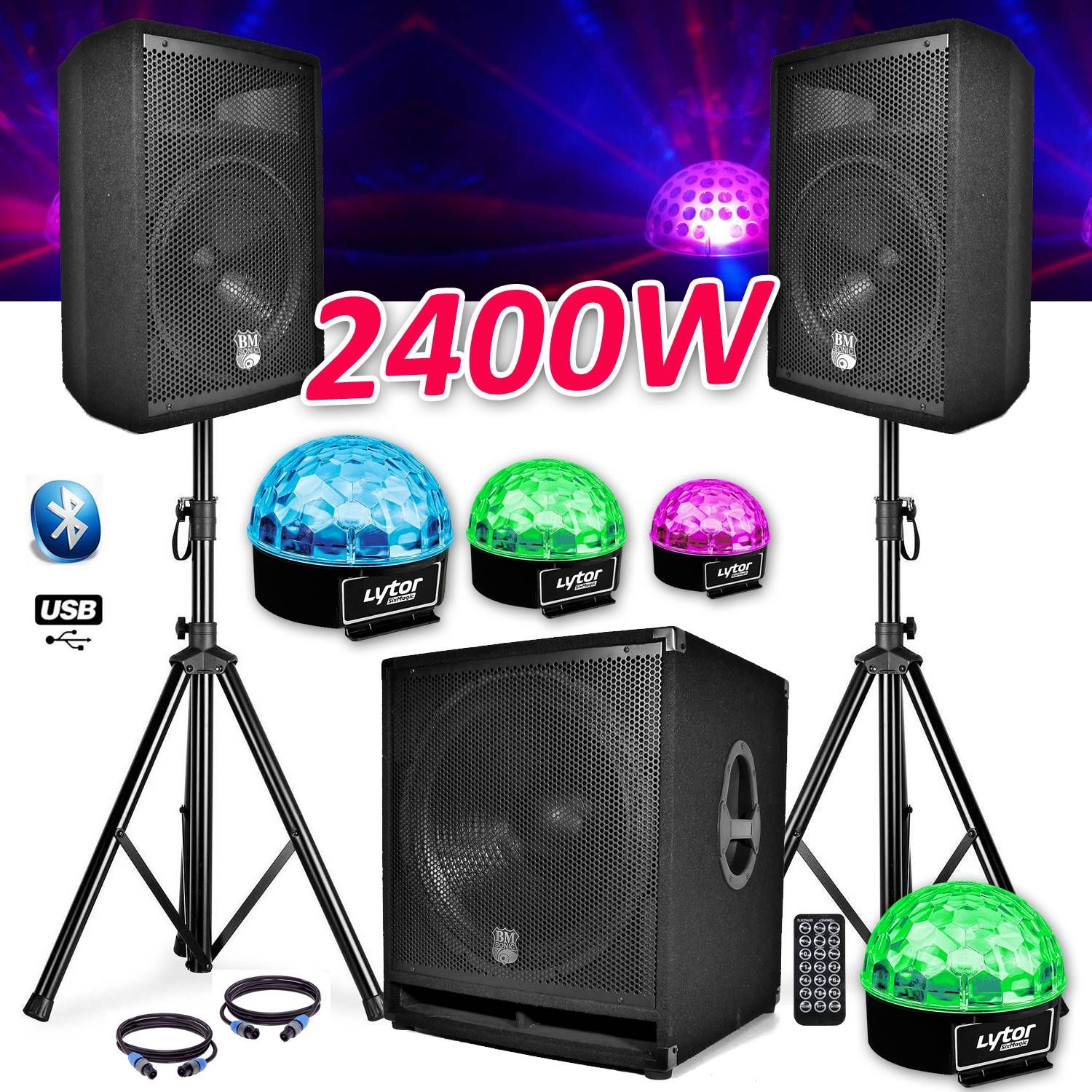 Paquete de sonido completo BMS1812 USB/Bluetooth Subwoofer de 18' + 2 Altavoces de 12' + Estantes + Cables + Control Remoto + Luces SIXMAGIC