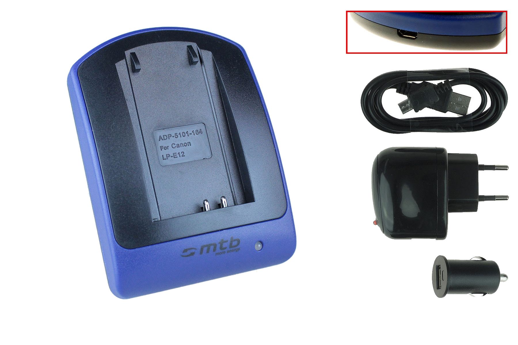 Cargador de batería Mtb LP-E12 (USB/Auto/Enchufe) para Canon EOS 100D, EOS M, EOS Rebel SL1