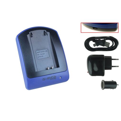 Cargador de batería Mtb LP-E12 (USB/Auto/Enchufe) para Canon EOS 100D, EOS M, EOS Rebel SL1
