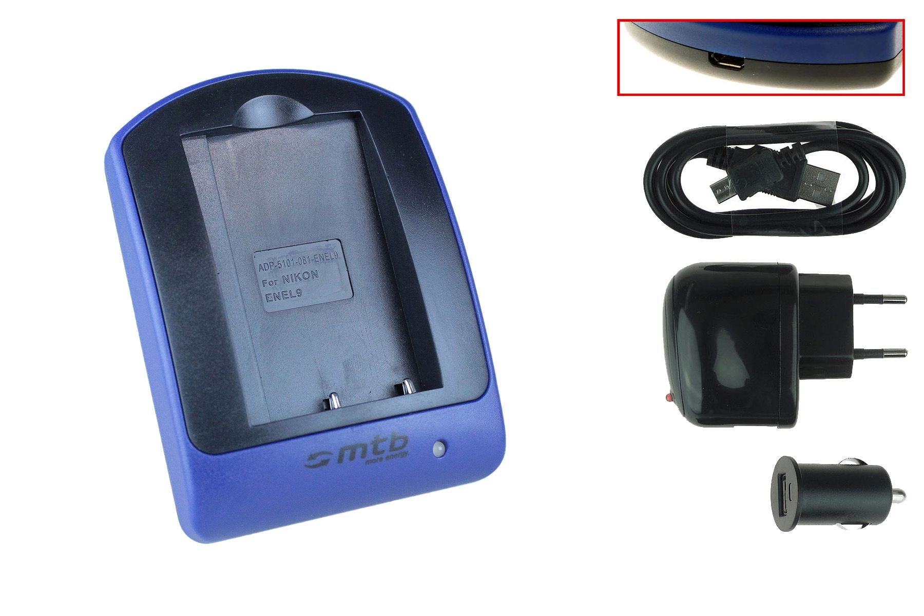 Cargador rápido Nikon EN-EL9 (USB/coche/pared) para D40, D40x, D60, D3000, D5000