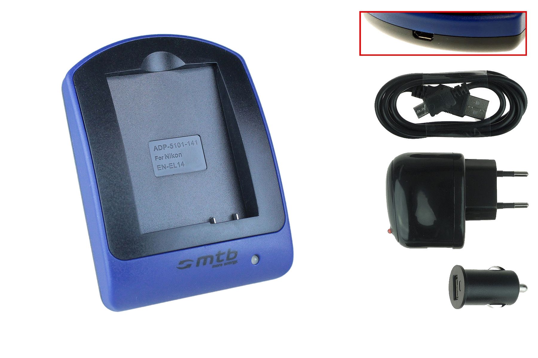 Cargador Nikon EN-EL14 (USB/Auto/Enchufe) para Coolpix P7000, P7100, P7700, P7800