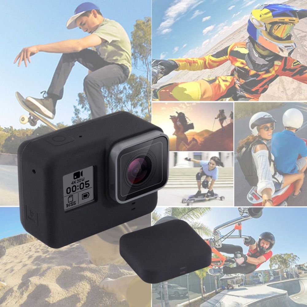 Étui en silicone flexible et robuste CNYO avec capuchon d'objectif pour caméra d'action GoPro Hero 5 - Noir