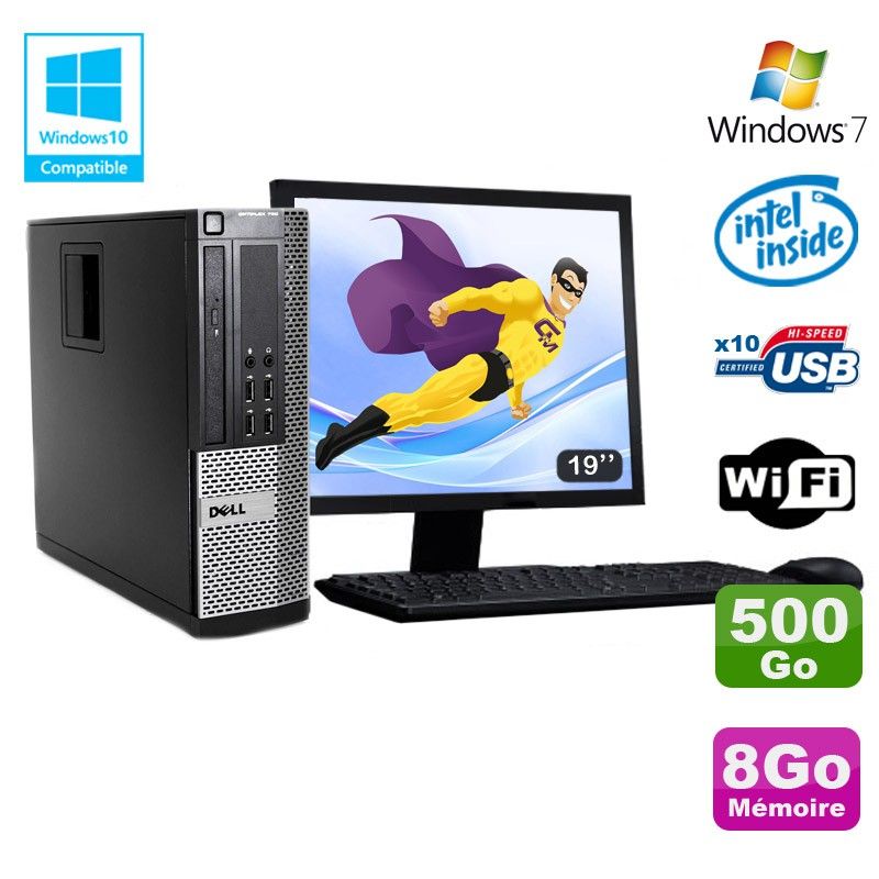 Ordinateur de bureau Dell Optiplex 790 SFF - Processeur Intel G2020, 8 Go de RAM, 500 Go SSD, Wi-Fi, Windows 7 + Écran 19"
