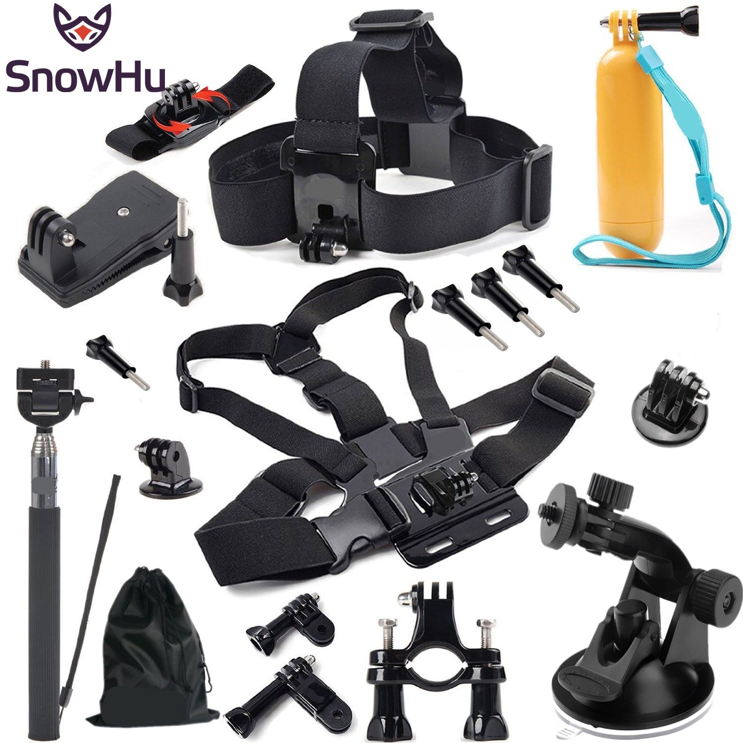 Kit Accesorios SnowHu para Cámara de Acción con Arandela Peitoral, Monopié y Adaptador para GoPro Hero 5/4/3+, SJ4000, Xiaomi Yi y Más