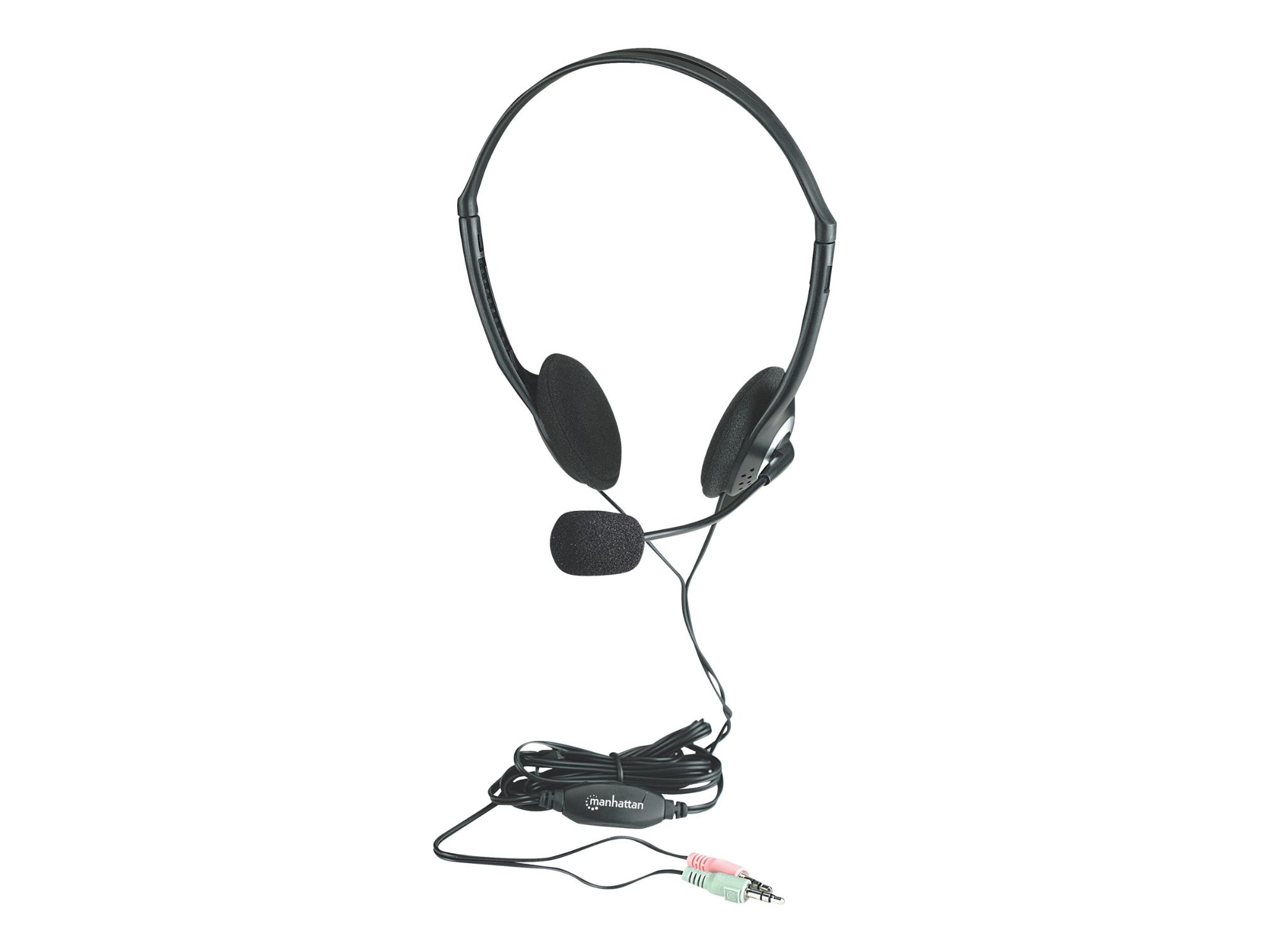 Manhattan Stereo On-Ear Headset (3.5mm) (Clearance Pricing), Microphone Boom, In-Line Volume Control, Foam Earpads, Standard 2x 3.5mm stereo jack/plug for audio/mic use, cable 2m, Black, Three Year Warranty, Blister - Micro-casque - sur-oreille -...