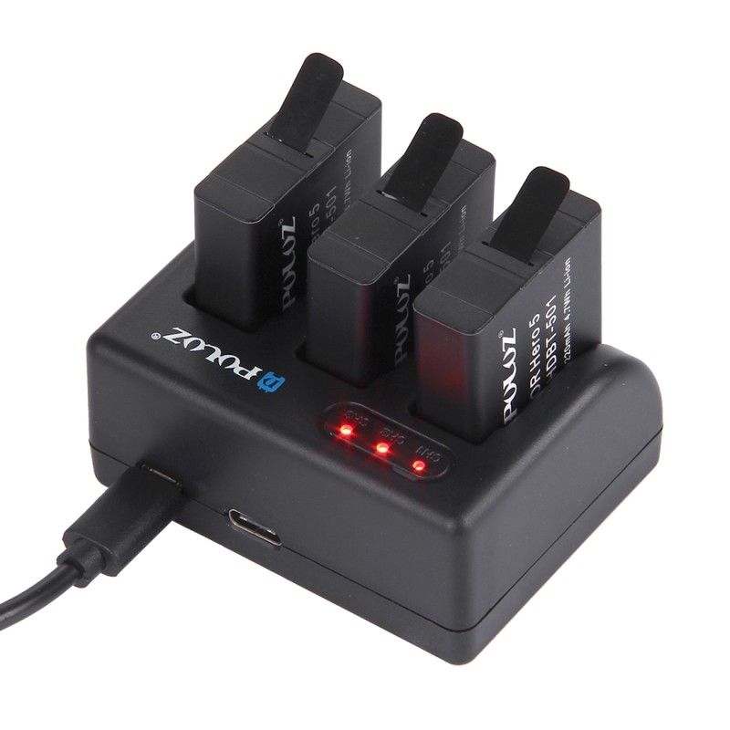 Chargeur de batterie Wewo pour GoPro HERO5 à 3 canaux avec port micro USB et USB-C / Type-C avec lumière LED