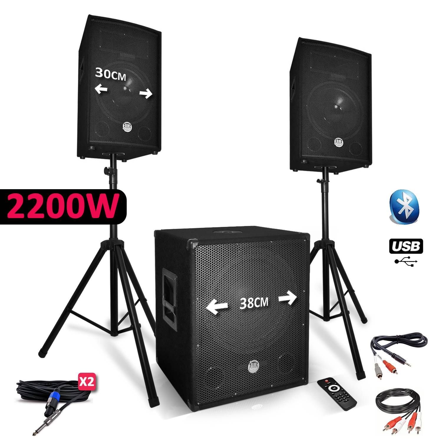 Sistema de Sonorización Completo 2200W Altavoces + Subsistema USB/Bluetooth + Soporte - Audio Club BM SONIC BMS1512