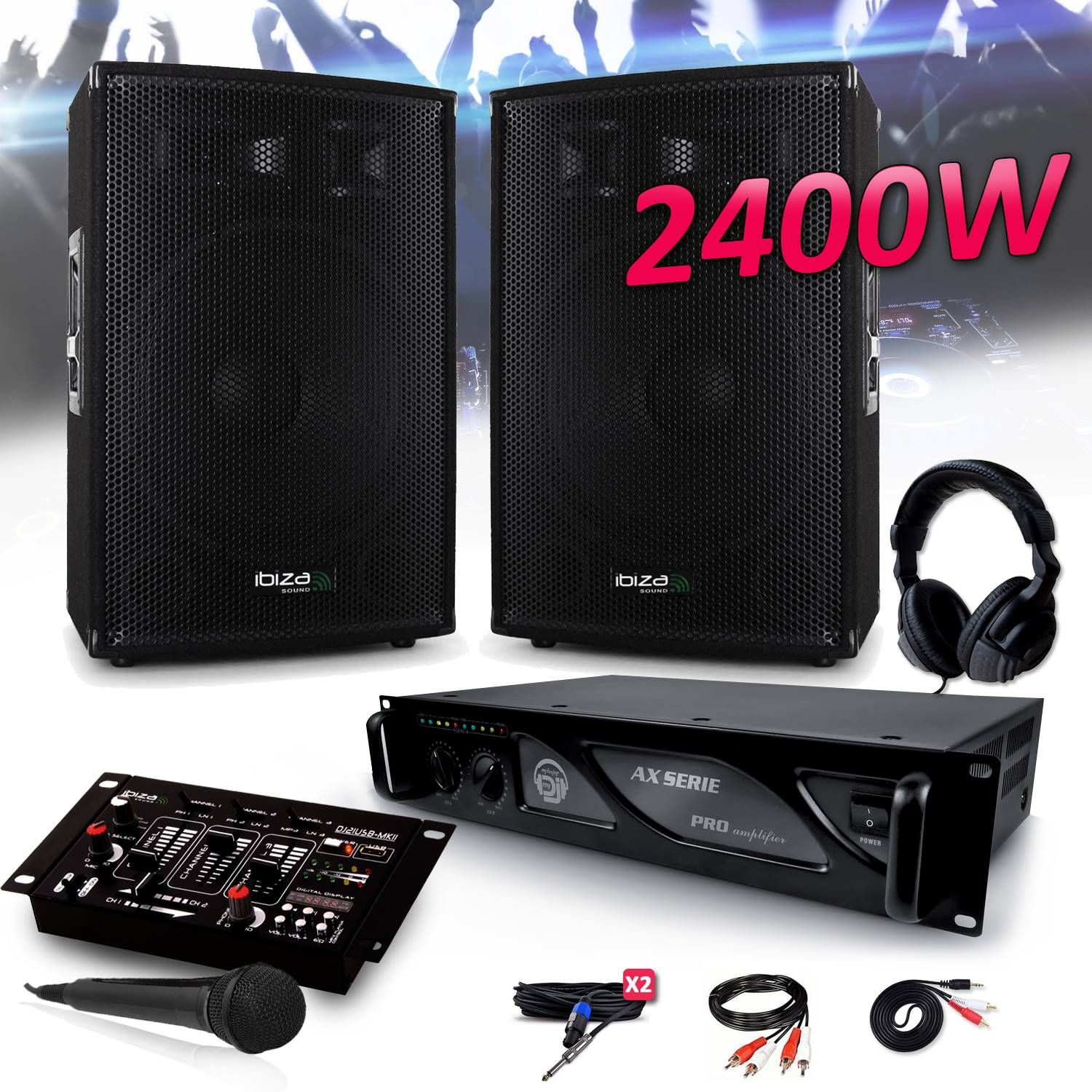 Kit de sonorisation Ibiza 2400W avec haut-parleurs Disco-15B, amplificateur AX1000, table de mixage USB et casque