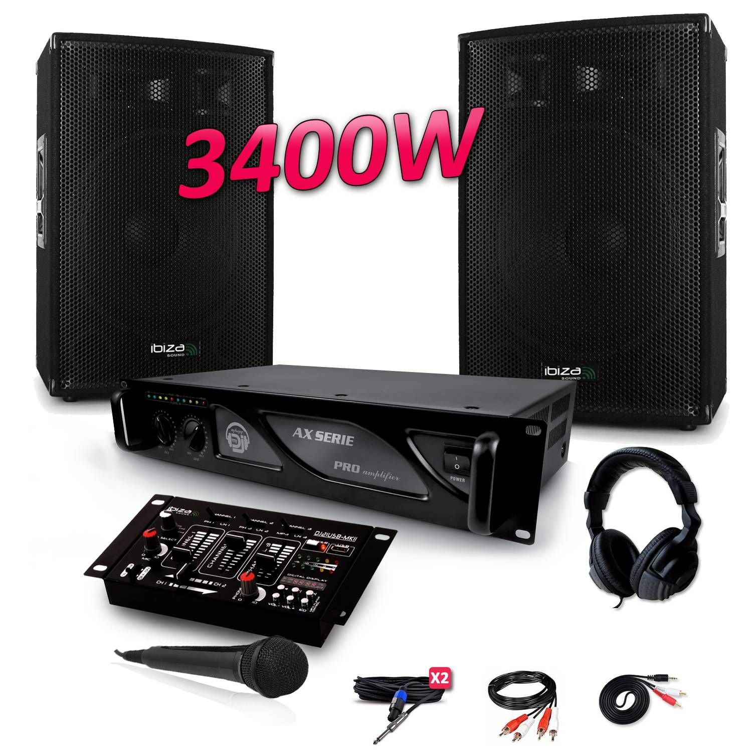 Ibiza 3400W DJ PA Set with Disco-15B Speakers, AX2000 Amplifier, USB Mixer, Headphones and Cables