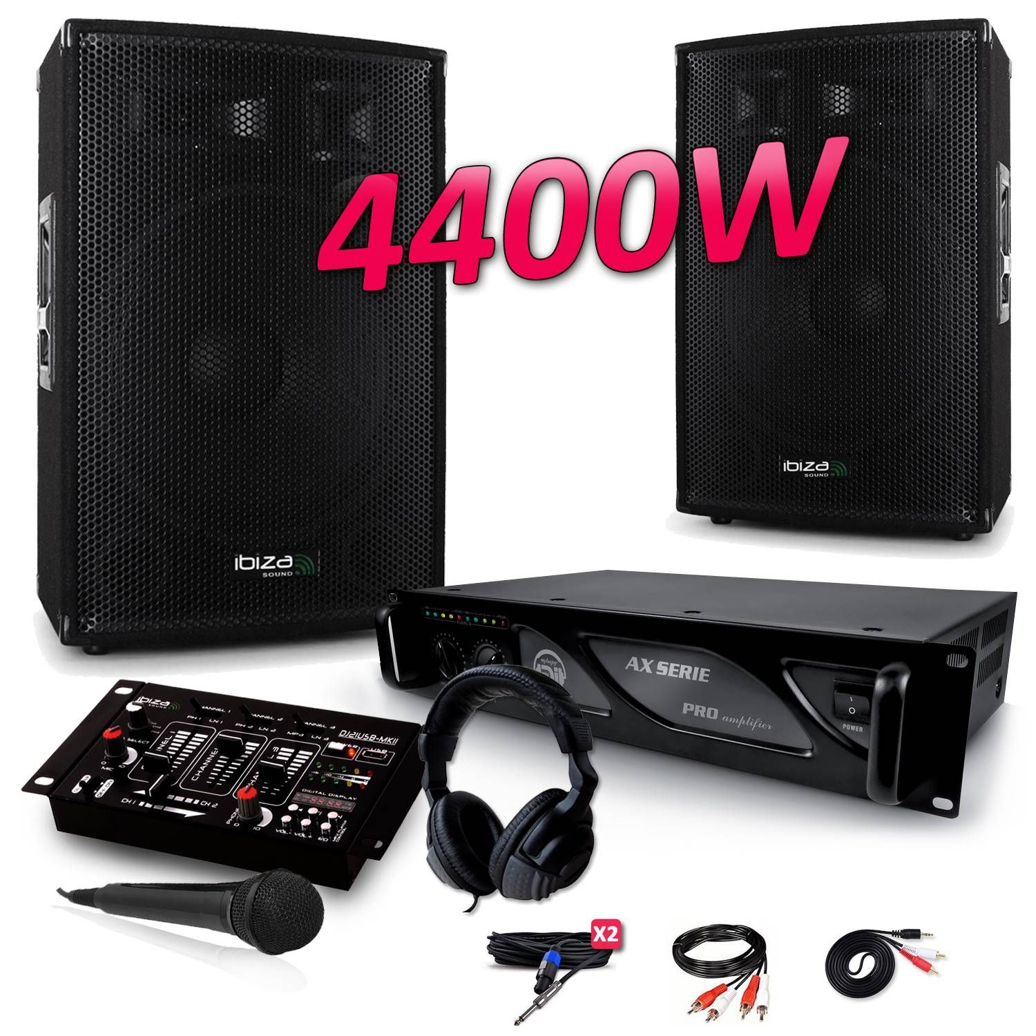 Ensemble de sonorisation Ibiza 4400W avec amplificateur et mixeur