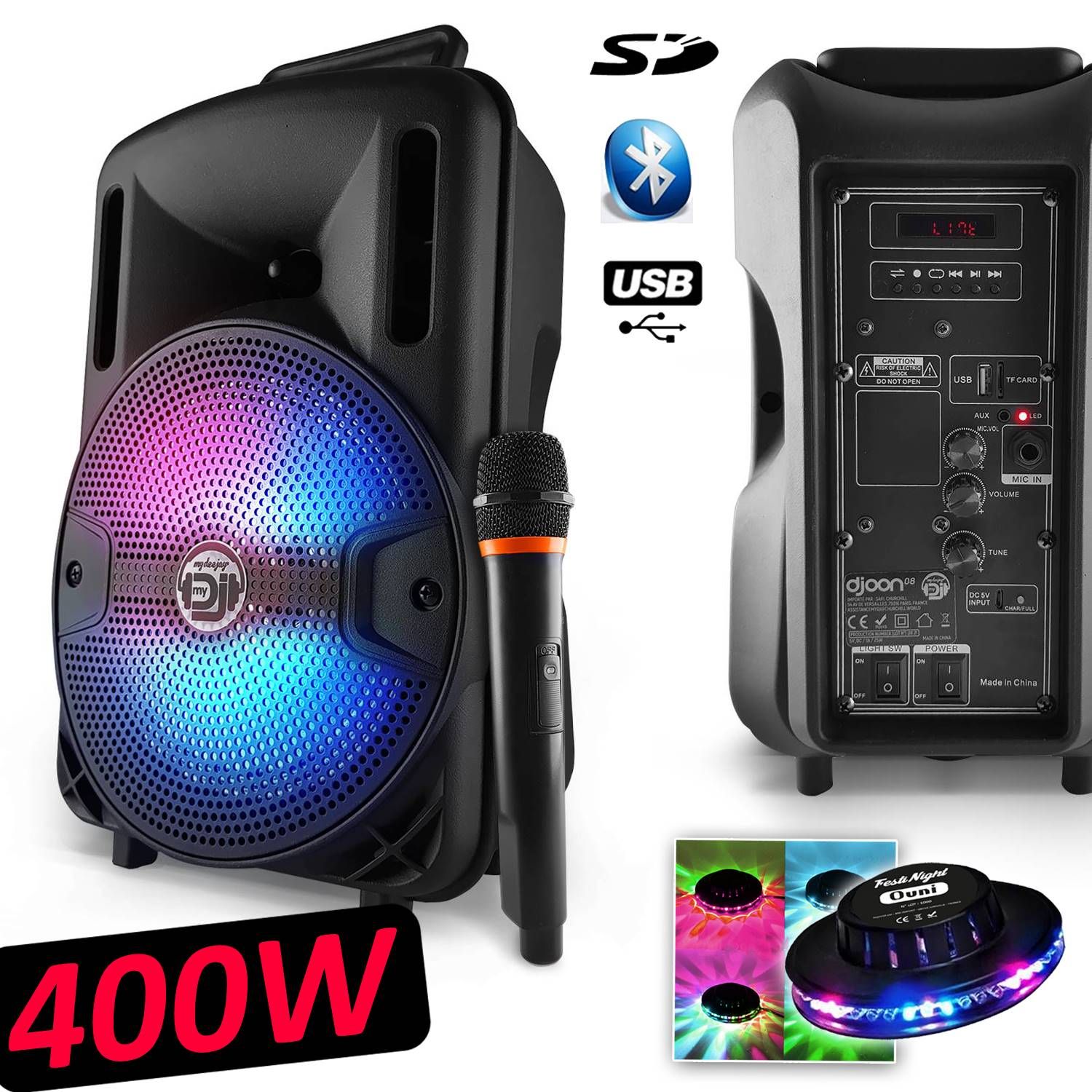 Mydj Autonomous LED Karaoke Speaker - 400W - Smartphone App, USB/BT/FM/AUX + Microphone + UFO Game