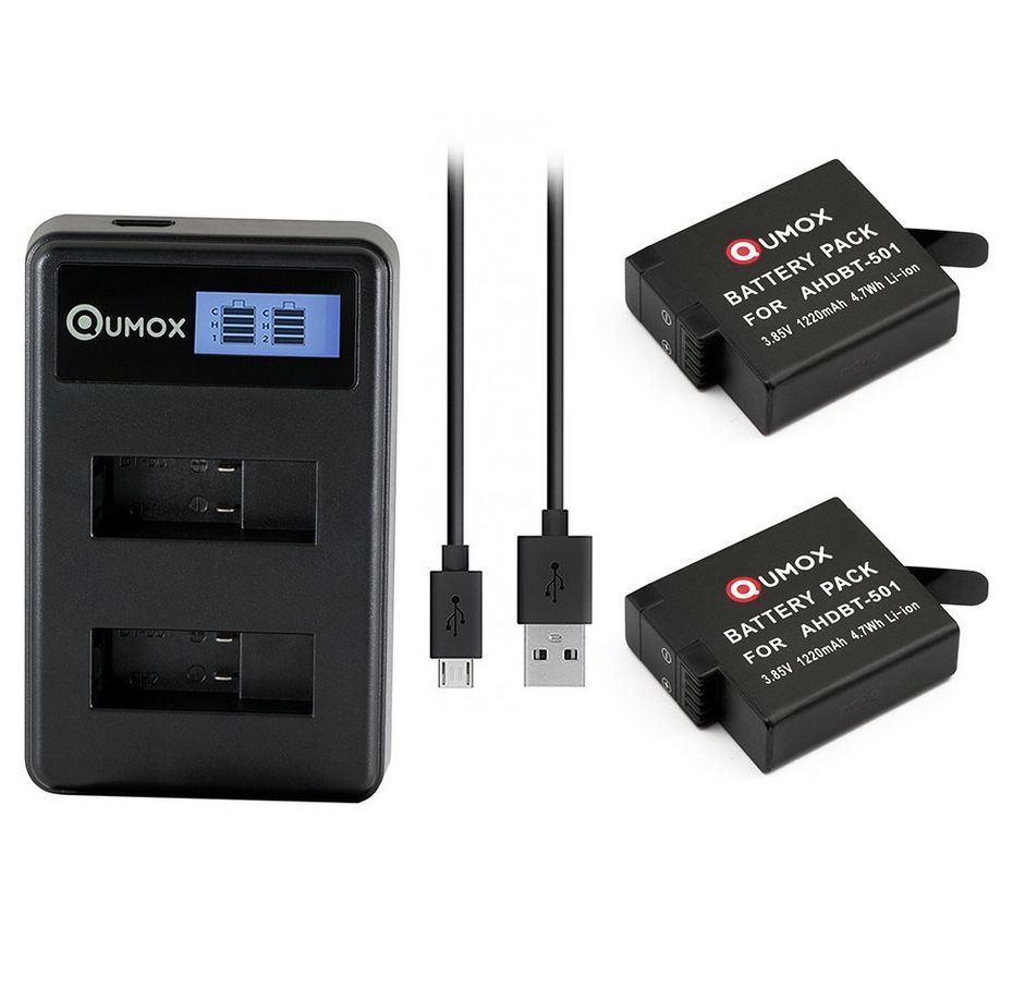 Qumox 3.85V AHDBT-501 Battery & LCD Charger (2x) for GoPro Hero 5/6/7