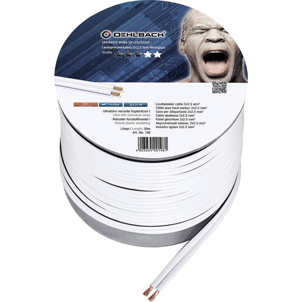 Oehlbach 198 Speaker Cable, 2 x 2.5mm², White, 30m