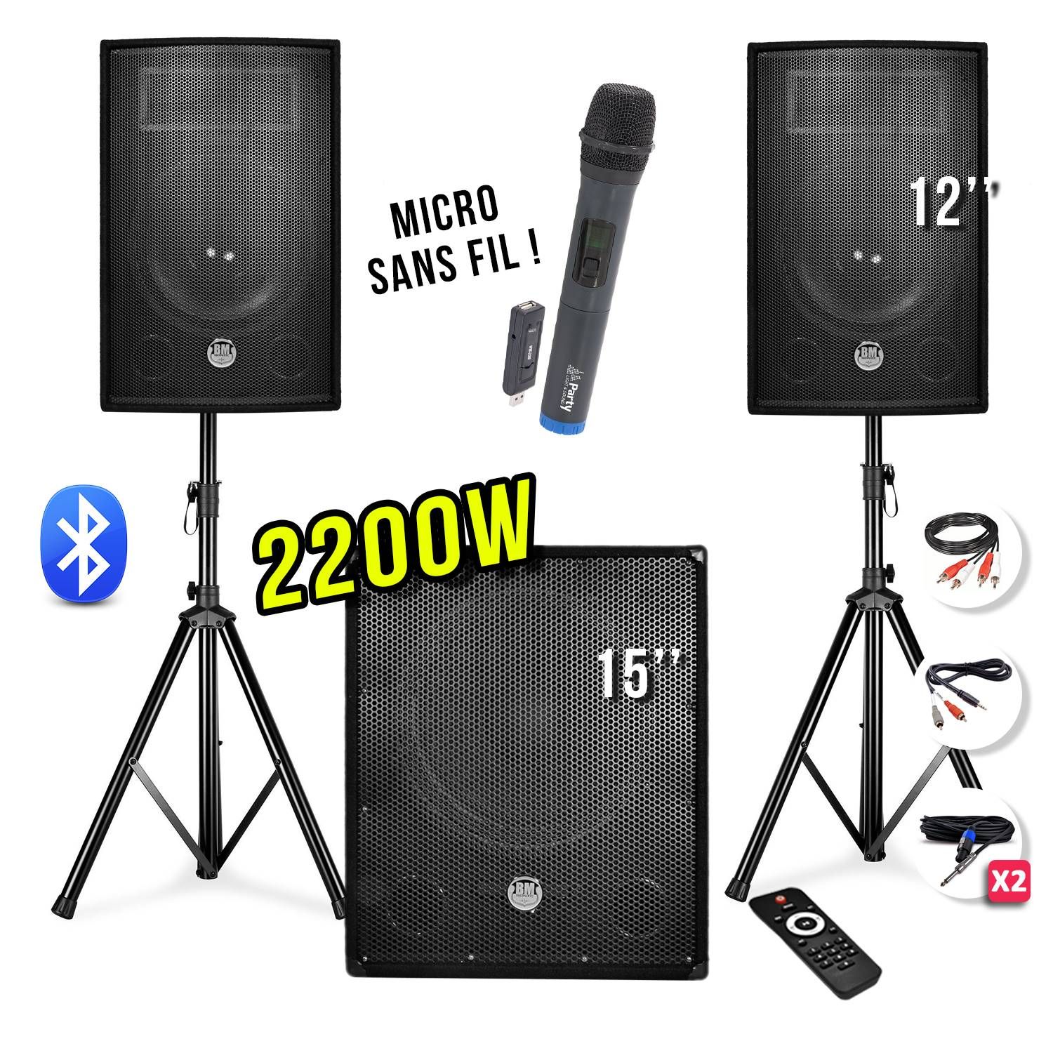 Bm Sonic 2200W Pack - Refurbished - Speakers (12" + Subwoofer 15" + Stand + UHF Microphone) - USB/BT + Cables