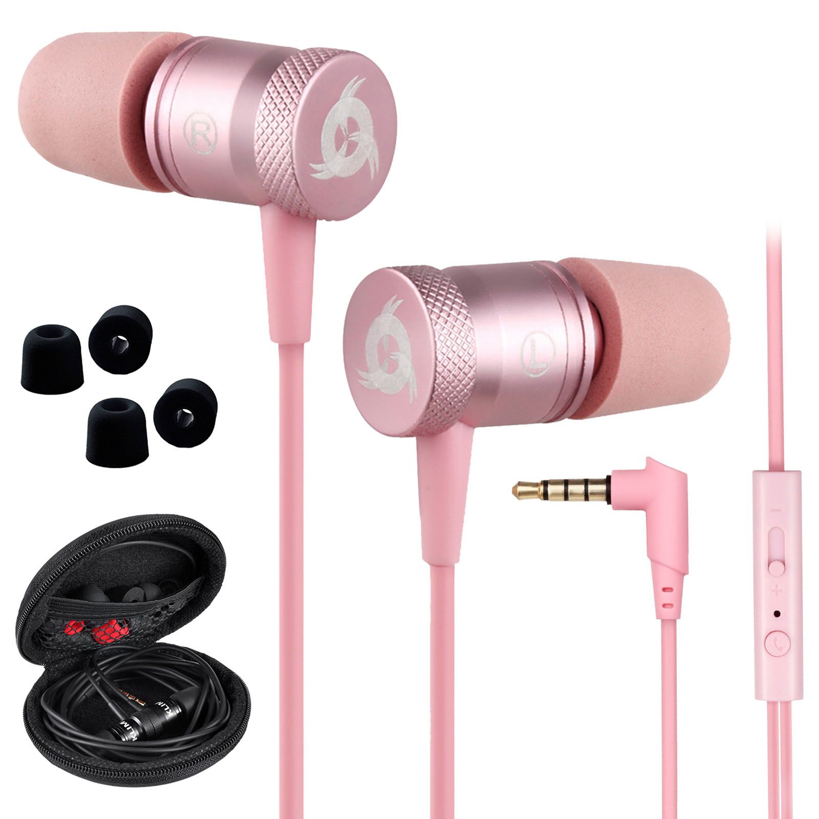 KLIM Fusion High-Quality Audio Earbuds - Durable + 5-Year Warranty - Innovative - Memory Foam In-Ear Headphones with Microphone - 3.5mm Jack - Pink