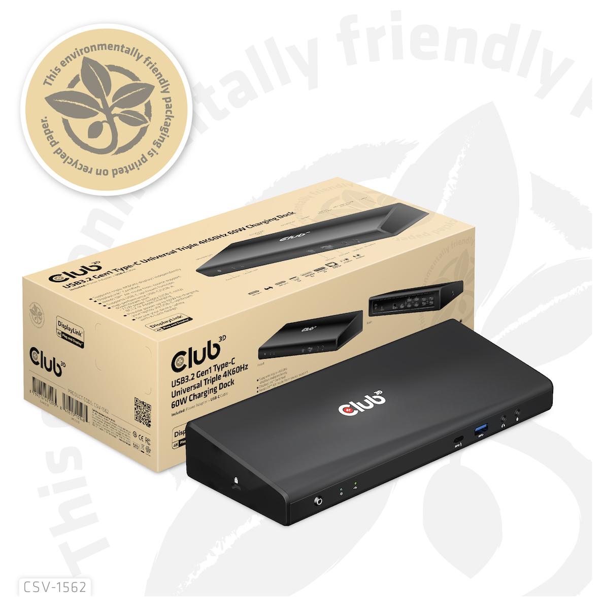 Station d'accueil Club 3D CSV-1562 USB 3.2 Gen 1 (3.1 Gen 1) Type-C, Noir