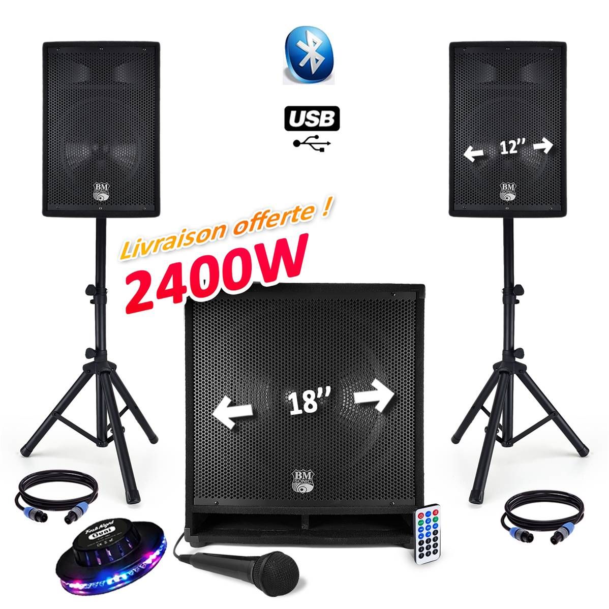 Sistema de sonorización completo BM Sonic BM SONIC 2400W USB/BT MKII - 2 altavoces de 12'' + subsistema activo de bajo 18'' Animación Boda Móvil