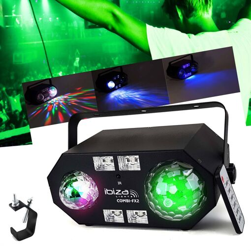 Kit de iluminación Ibiza Light COMBI-FX2 4 en 1 LED - ASTRO/UV/Estroboscópio + Efecto de agua con gancho de fijación
