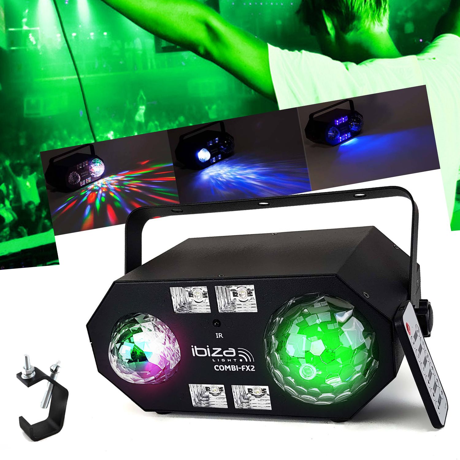 Ibiza Light COMBI-FX2 4-in-1 LED Lighting Kit - ASTRO/UV/Strobe + Water Effect with Fixation Hook