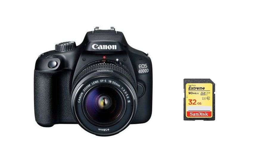Canon EOS 4000D 18MP Reflex Kit with EF-S 18-55mm f/3.5-5.6 III Lens and 32GB SD Card