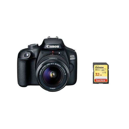 Kit Canon EOS 4000D réflex digital de 18 MP con lente EF-S 18-55 mm f/3.5-5.6 III y tarjeta SD de 32 GB
