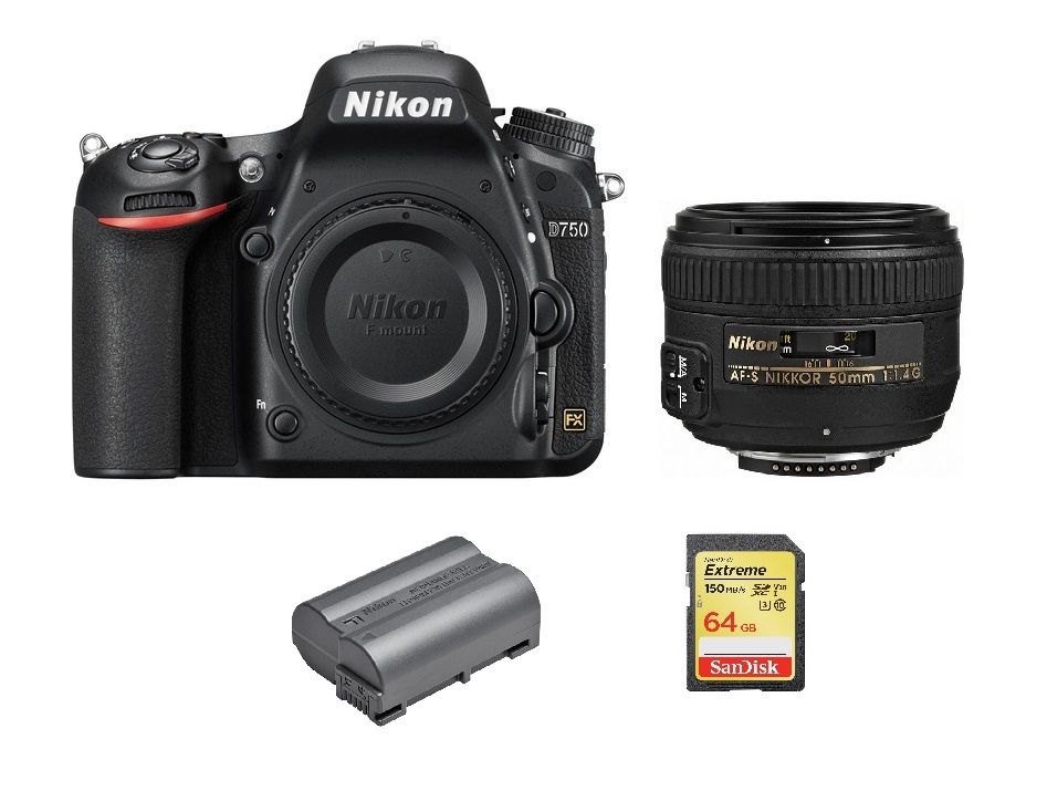 Appareil photo Nikon D750 24,3 MP avec objectif AF-S 50 mm f/1,4 G, carte SD 64 Go et batterie EN-EL15B