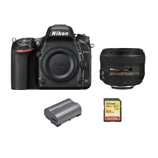 Cámara DSLR Nikon D750 de 24,3 MP con objetivo AF-S 50 mm f/1.4 G, tarjeta SD de 64 GB y batería EN-EL15B