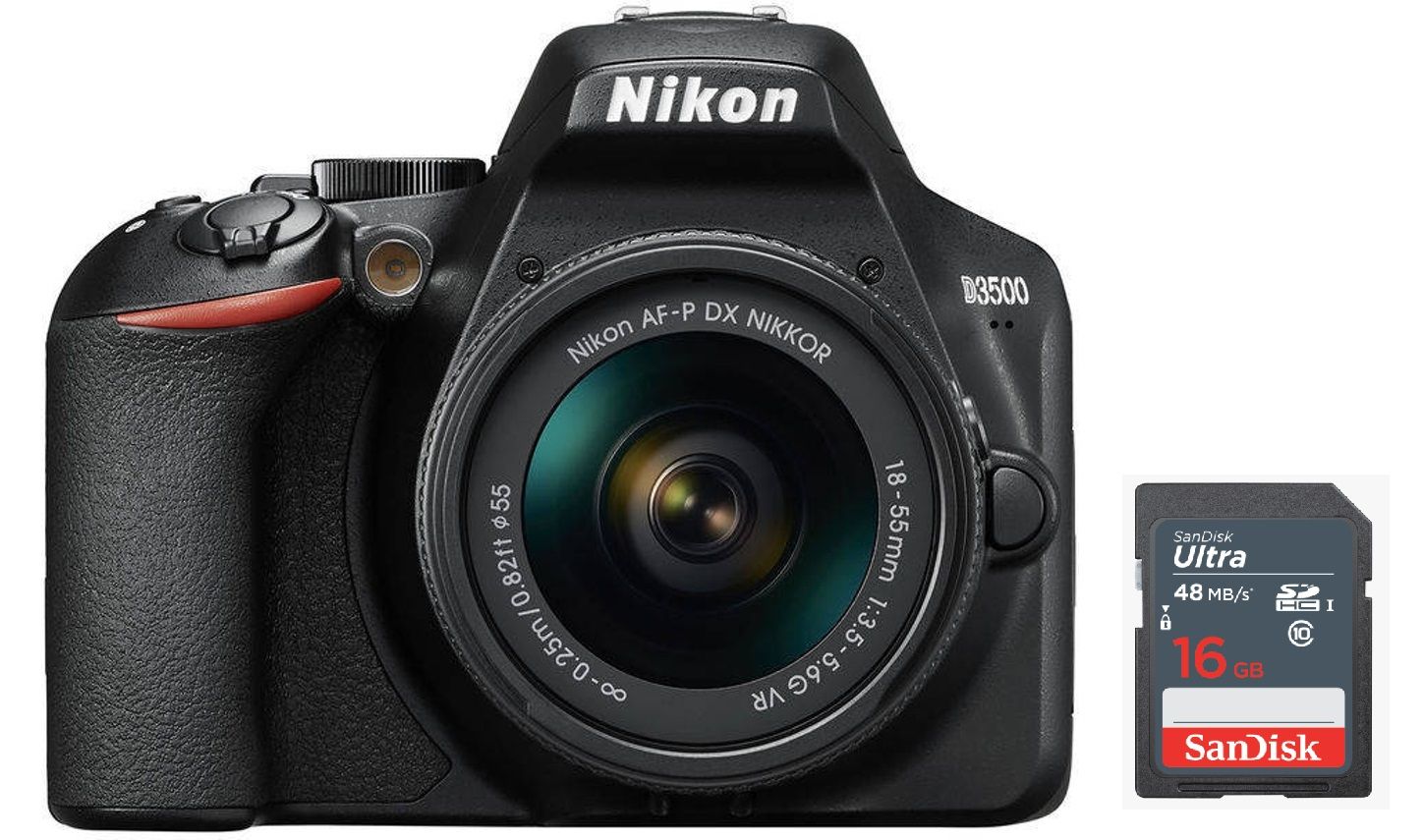 Appareil photo reflex Nikon D3500 24,2 MP avec objectif AF-P 18-55 mm F3,5-5,6G VR Kit + Sac + Carte SD 16 Go