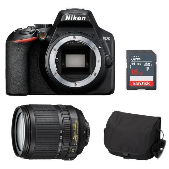 Appareil photo reflex Nikon D3500 24,2 mégapixels avec objectif AF-S 18-105 mm f/3,5-5,6 G ED VR + sac pour appareil photo + carte SD de 16 Go