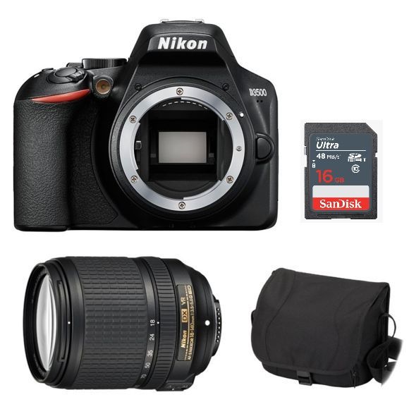 Nikon D3500 Appareil photo numérique reflex 24,2 MP (noir) avec objectif AF-S 18-140 mm f/3,5-5,6 G ED VR DX, sac de transport pour appareil photo et carte SD de 16 Go