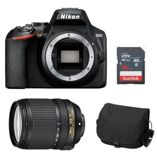 Kit Nikon D3500 Cámara Reflex Digital de 24.2 MP (Negro) con Objetivo AF-S 18-140 mm f/3.5-5.6 G ED VR DX, Bolso para Cámara y Tarjeta SD de 16 GB