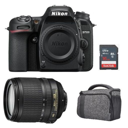 Kit de cámara DSLR Nikon D7500 con 20.9 MP, lente AF-S 18-105mm f/3.5-5.6G ED VR, bolsa y tarjeta SD de 16GB