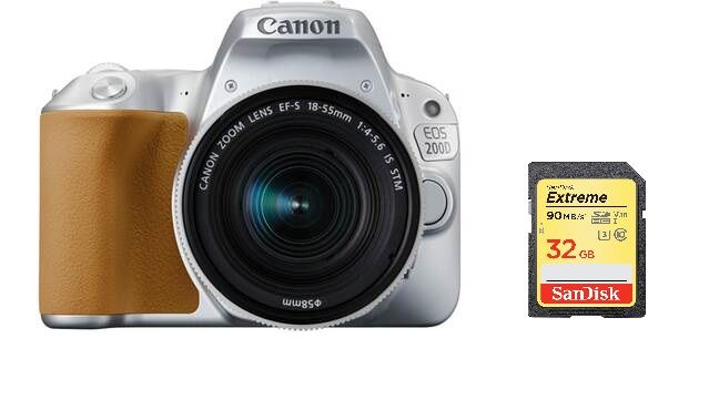 Canon EOS 200D DSLR Camera 24.2MP Silver + EF-S 18-55mm F4-5.6 IS STM Lens Silver + 32GB SD Card