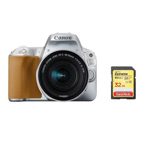 Canon EOS 200D DSLR Camera 24.2MP Silver + EF-S 18-55mm F4-5.6 IS STM Lens Silver + 32GB SD Card