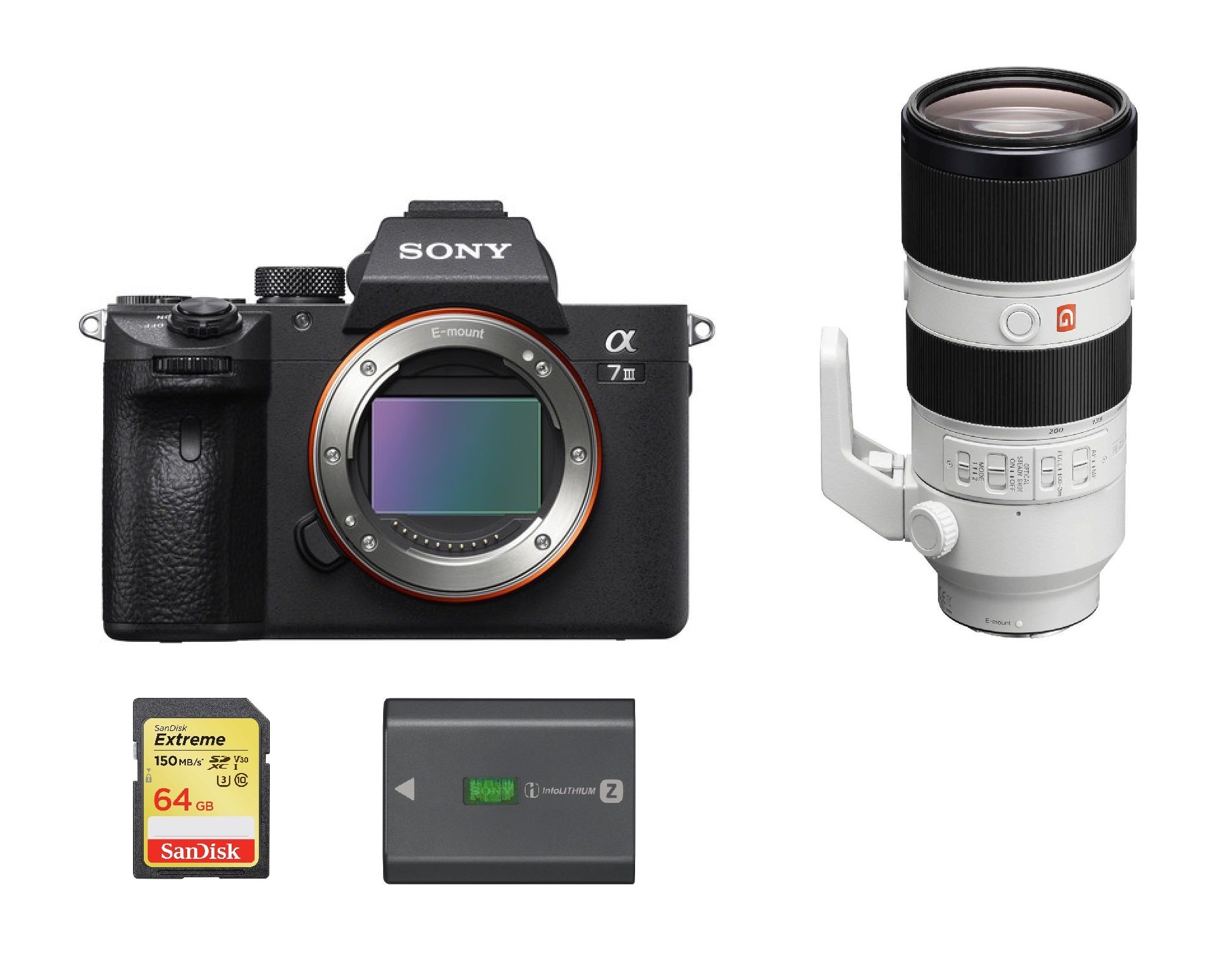 Sony Alpha 7 III Hybrid Camera 24.2MP + SEL 70-200mm F2.8 GM OSS Lens + 64GB SD Card + SONY NP-FZ100 Battery
