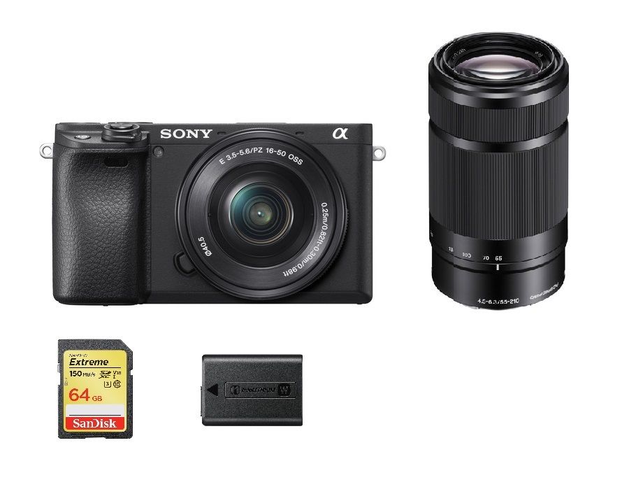 Sony A6400 Hybrid Camera with 24.2MP, 16-50mm & 55-210mm Lenses, 64GB SD Card, and NP-FW50 Battery