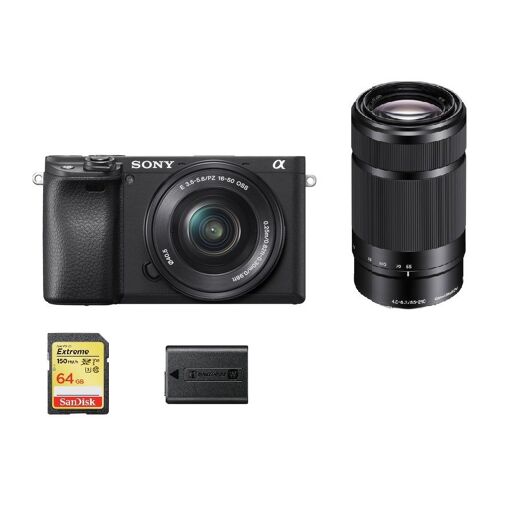Appareil photo hybride Sony A6400 24,2 mégapixels avec objectifs 16-50 mm et 55-210 mm, carte SD 64 Go et batterie NP-FW50