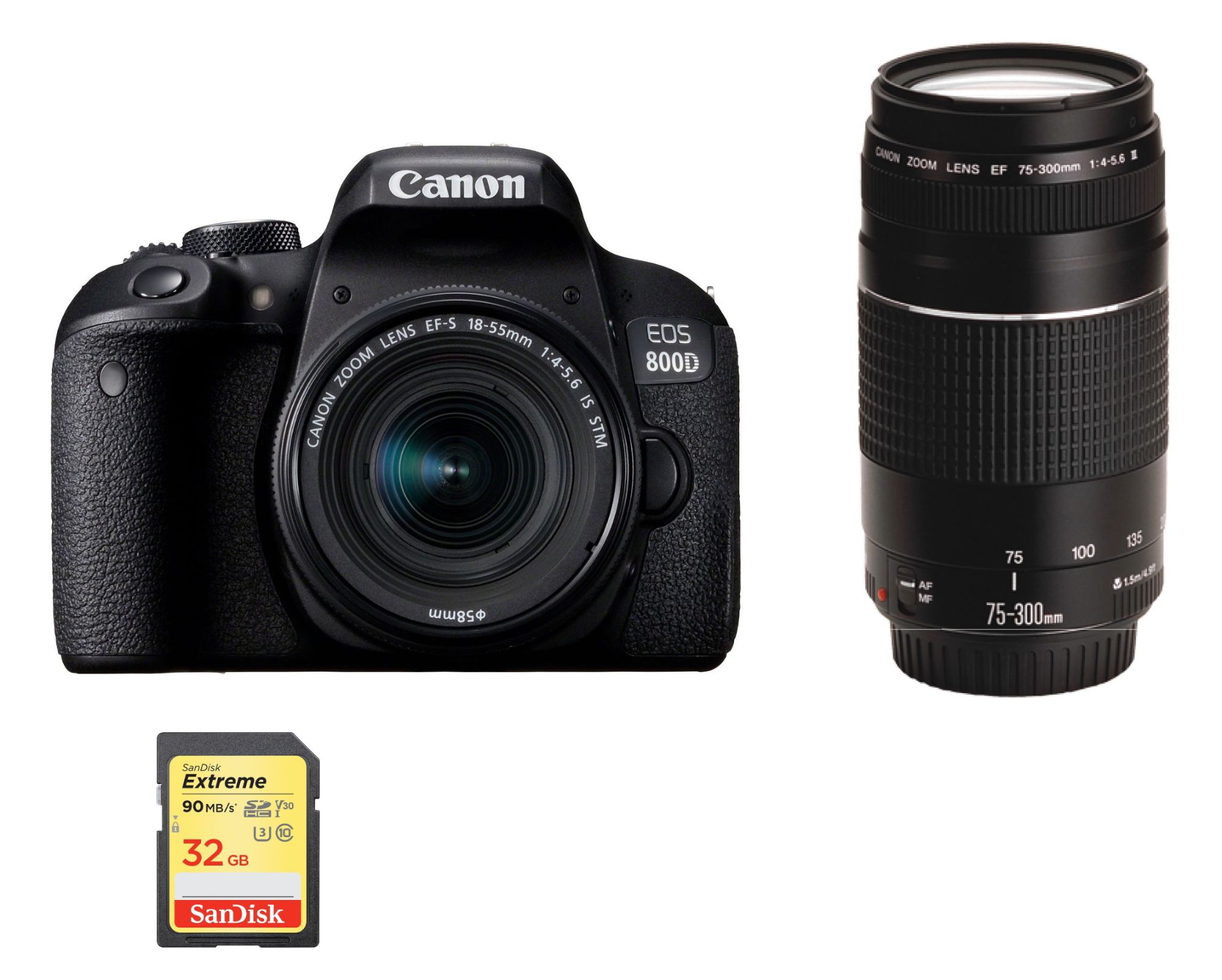 Canon EOS 800D 24.2MP DSLR Camera Kit with EF-S 18-55mm f/4-5.6 IS STM Lens + EF 75-300mm f/4-5.6 III Lens + 32GB SD Card