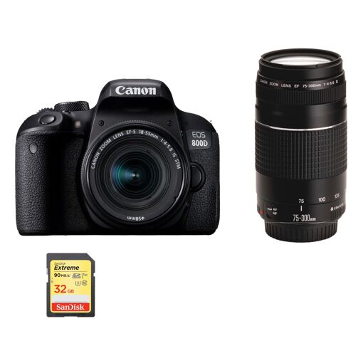 Canon EOS 800D 24.2 MP Cámara réflex digital Kit con objetivo EF-S 18-55 mm f/4-5.6 IS STM + objetivo EF 75-300 mm f/4-5.6 III + tarjeta SD de 32 GB