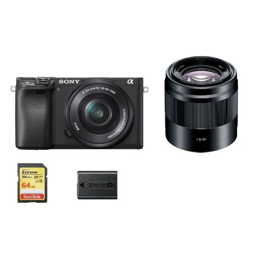 Cámara Sony A6400 de 24,2 MP con objetivo SEL 16-50mm F3,5-5,6 OSS y SEL 50mm F1,8 OSS + tarjeta SD de 64 GB + batería NP-FW50