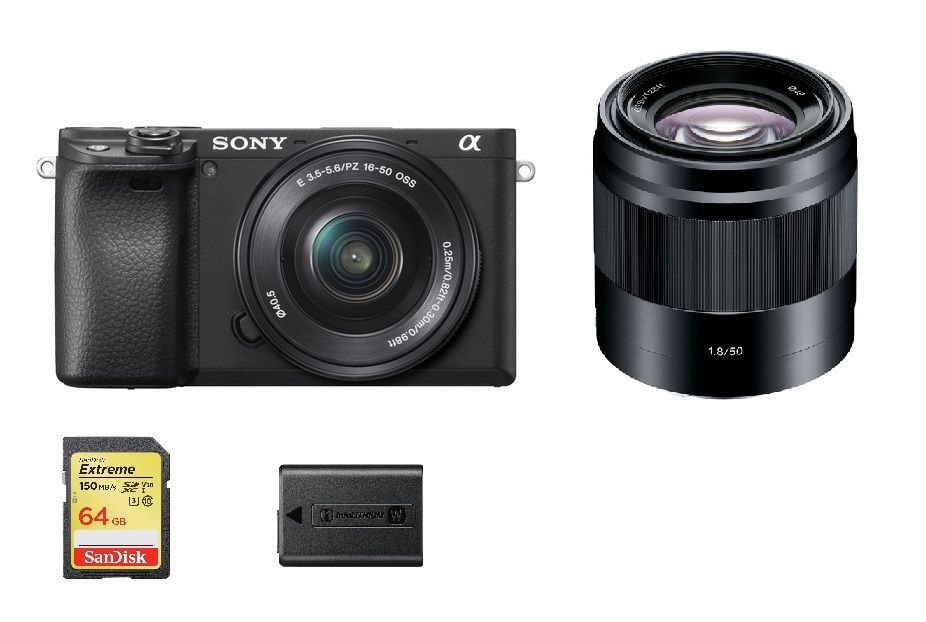 Sony A6400 24.2MP Black Camera Kit with SEL 16-50mm F3.5-5.6 OSS and SEL 50mm F1.8 OSS Lenses + 64GB SD Card + NP-FW50 Battery