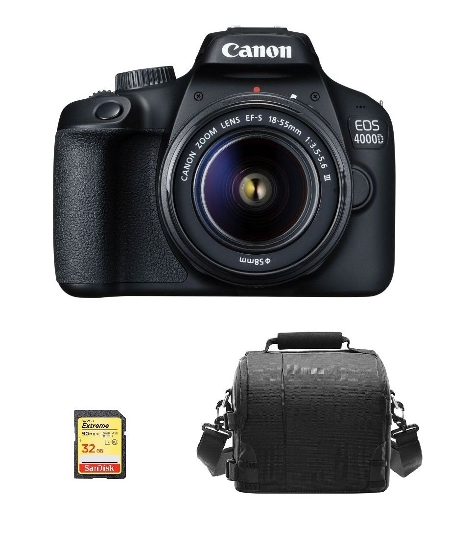 Canon EOS 4000D Reflex 18MP + EF-S 18-55mm f/3.5-5.6 III Kit with 32GB SD Card and Camera Bag
