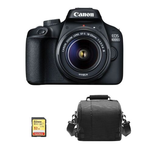 Canon EOS 4000D Reflex 18 MP + Kit Objetivo EF-S 18-55 mm f/3.5-5.6 III + Tarjeta SD 32 GB y Bolso para Cámara