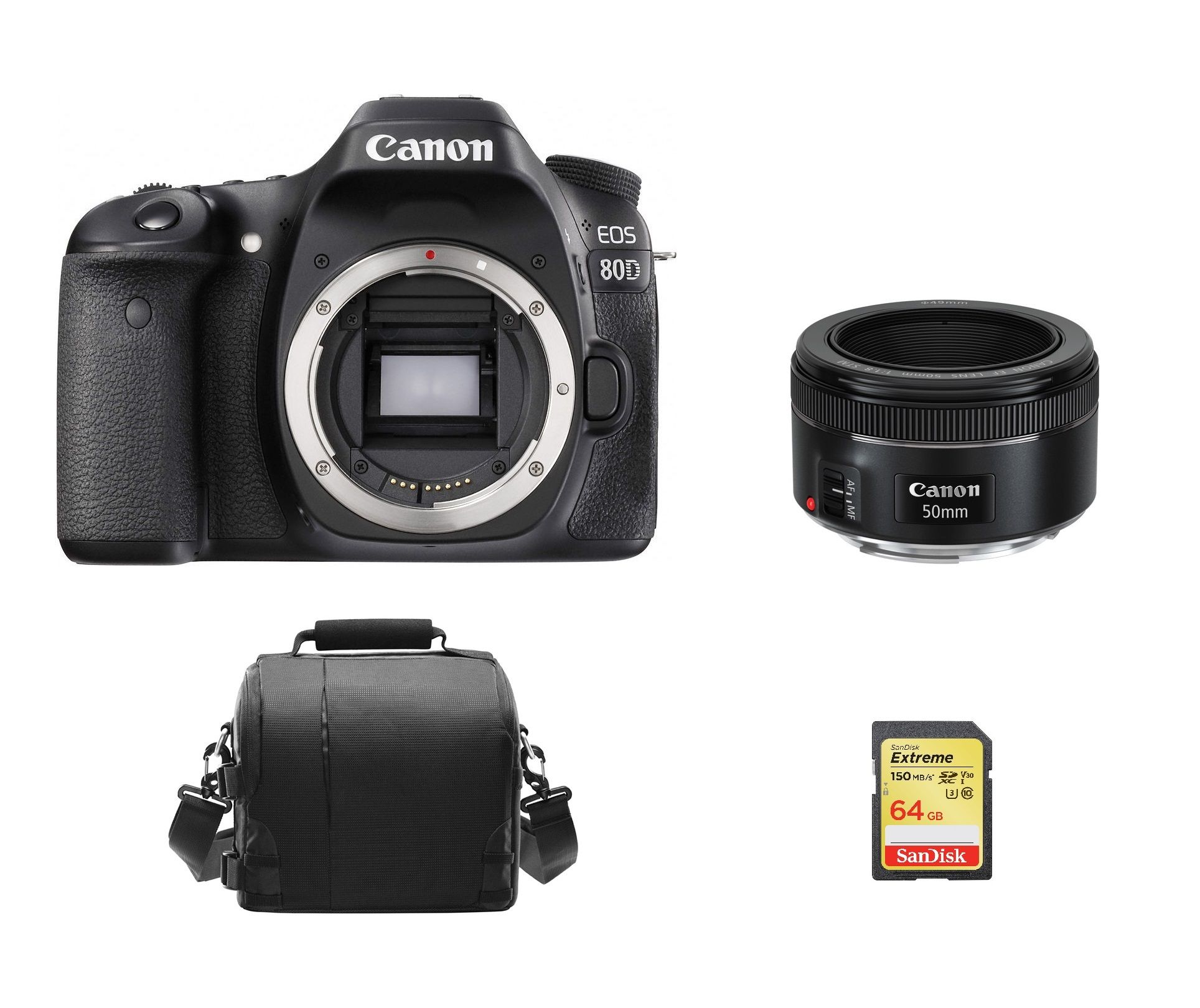 Canon EOS 80D 24.2MP DSLR Camera with EF 50mm F1.8 STM Lens, 64GB SD Card & Camera Bag