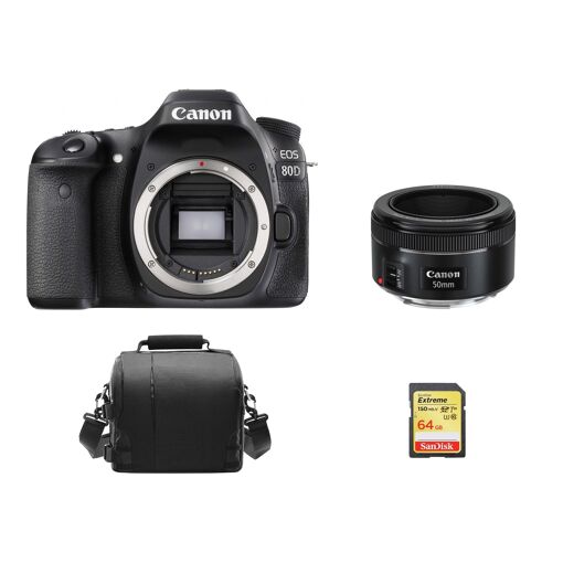 Canon EOS 80D 24.2MP DSLR Camera with EF 50mm F1.8 STM Lens, 64GB SD Card & Camera Bag