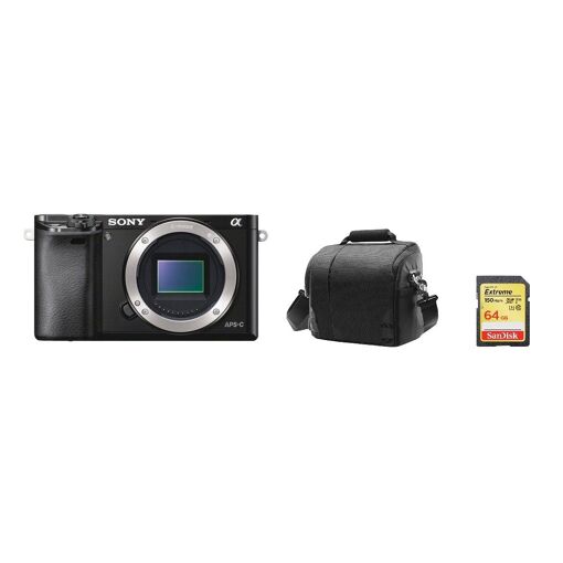 Appareil photo hybride Sony A6000 24,3 MP Boîtier nu Noir + Carte SD 64 Go + Sac pour appareil photo
