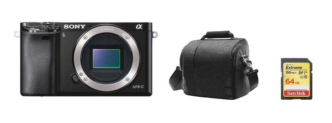Sony A6000 Hybrid 24.3MP Camera Body Only Black + 64GB SD Card + Camera Bag