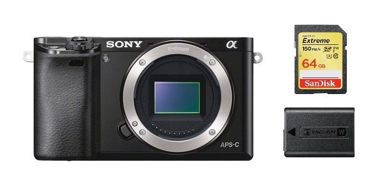 Sony A6000 Hybrid Camera 24.3MP Black Body Only + 64GB SD Card + NP-FW50 Battery